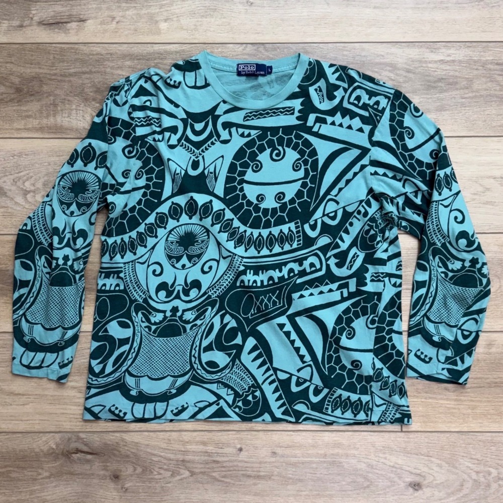 Vintage Polo Ralph‎ Lauren Mens Tribal All Over Print Long Sleeve T-Shirt Lare